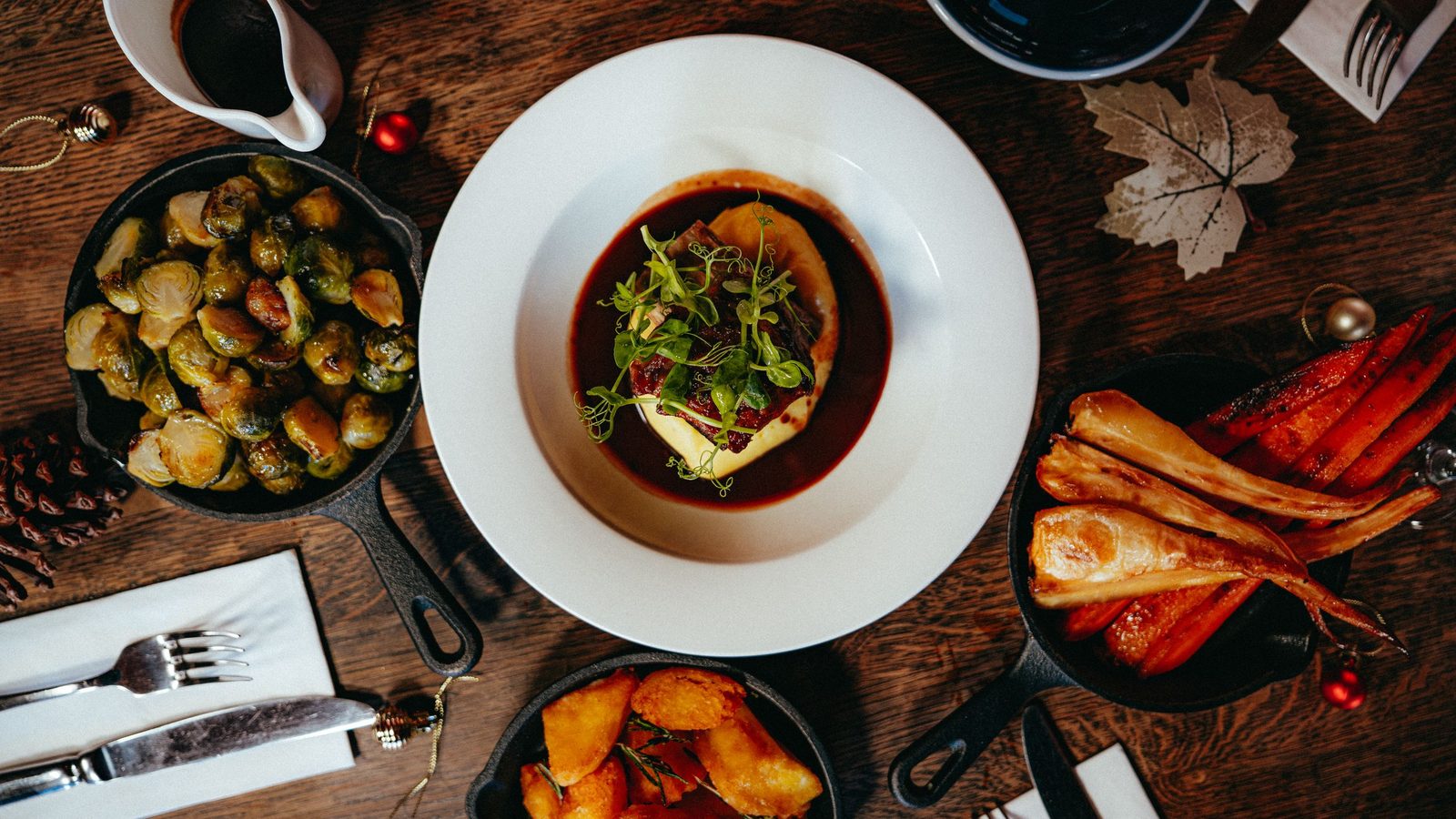 Overhead spread of plated dishes